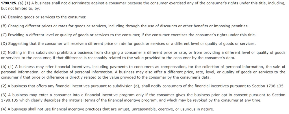 California Legislative Information: California Consumer Privacy Act CCPA - Section 1798:125 - No discrimination clause