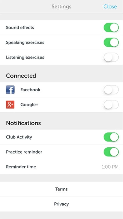DuoLingo iOS mobile app Settings screen