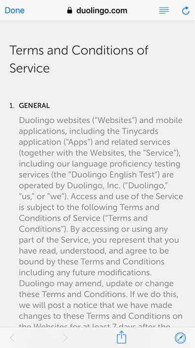 DuoLingo mobile Terms and Conditions: General clause excerpt