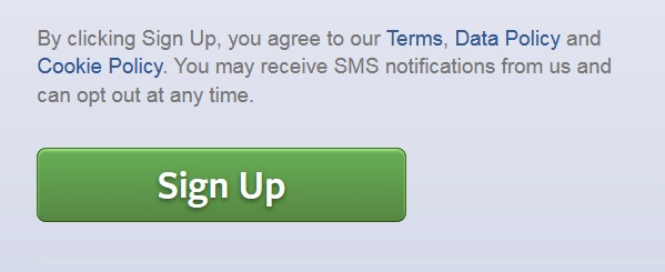Screenshot of Facebook sign-up button and clickwrap