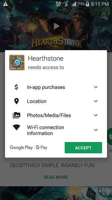 Hearthstone mobile Android game: Accept permissions request notice