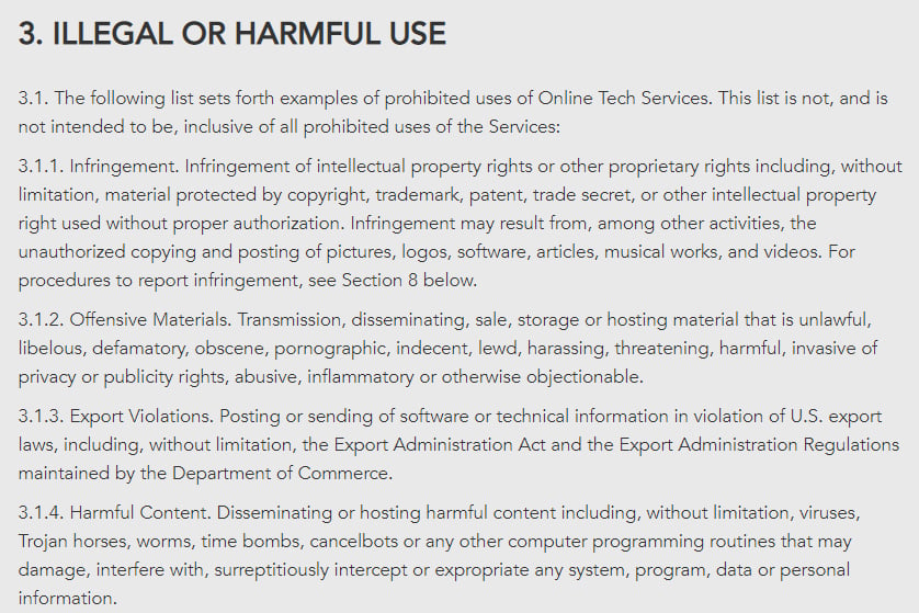 OnLINE TECH: Acceptable Use Policy: Illegal or harmful use clause