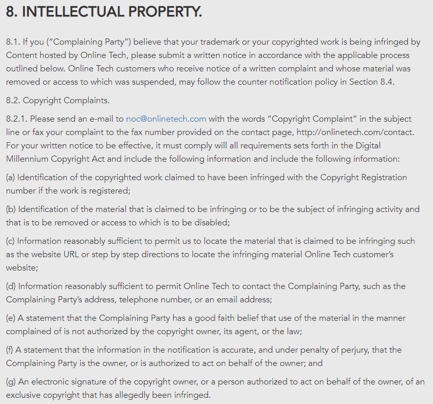 OnLINE TECH Acceptable Use Policy: Intellectual Property - Copyright Complaints clause