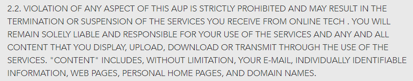 OnLINE TECH Acceptable Use Policy: clause about violations leading to termination