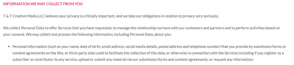 T and T Creative Media Privacy Policy: Information we may collect from you clause discussing user generated content