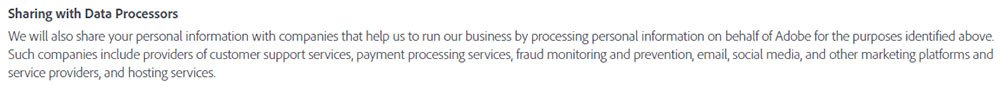 Adobe Privacy Policy: Sharing with Data Processors - third party clause