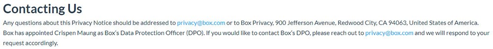Box Privacy Policy: Contacting Us clause