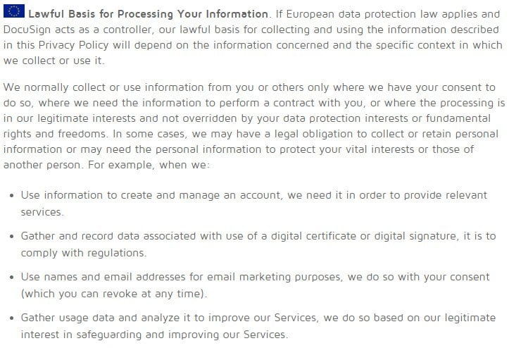 DocuSign UK Privacy Policy: Lawful Basis for Processing Your Information clause