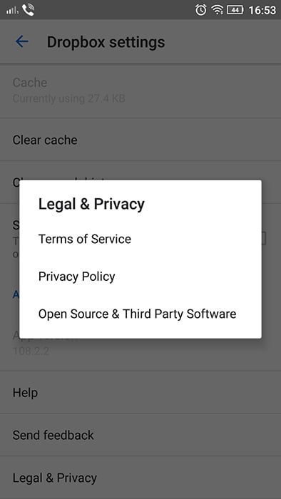 Dropbox Android app menu for Legal and Privacy links