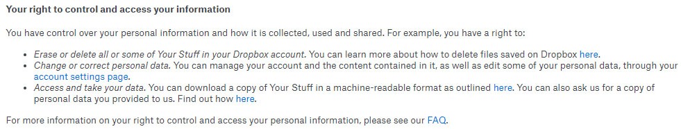 Dropbox Privacy Policy: Your right to control and access your information clause