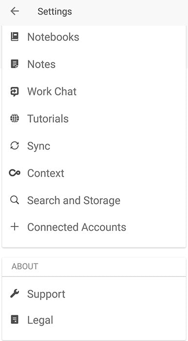 Evernote Android mobile app: Settings/About menu with Legal option highlighted