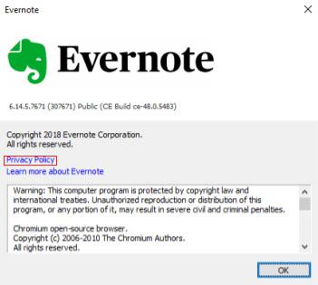 Evernote Windows Mobile App: Help/About menu with Privacy Policy link highlighted