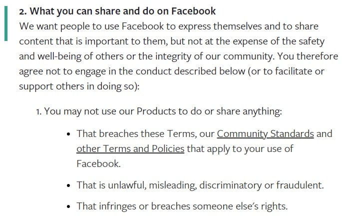 Facebook Terms of Service: What you can share and do on Facebook clause with restrictions