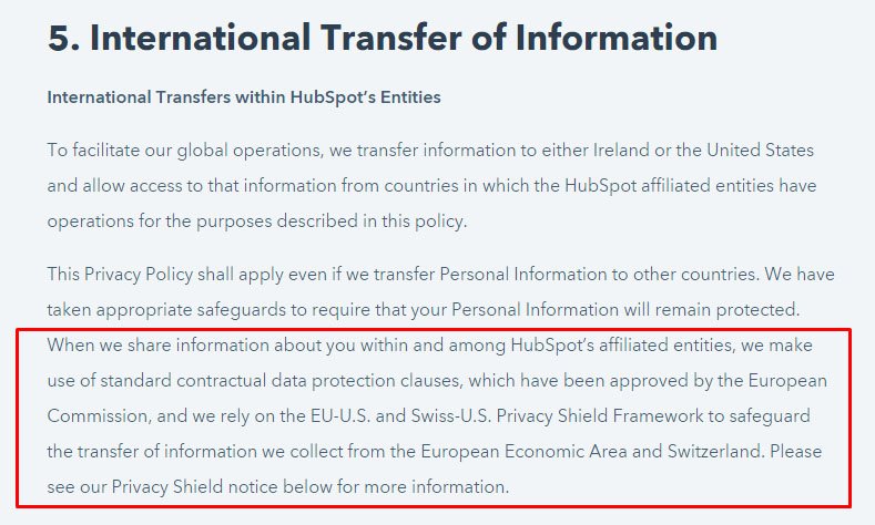HubSpot Privacy Policy: International Transfer of Information: EU-US Privacy Shield clause