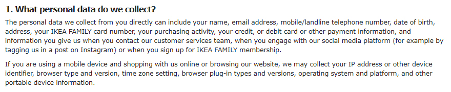 IKEA Privacy Policy: What personal data do we collect clause