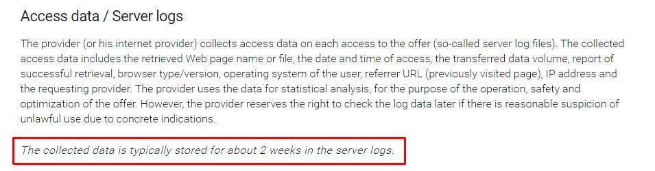 The LaTeX Project Data Privacy Policy: Access Data/Server Logs clause with retention schedule
