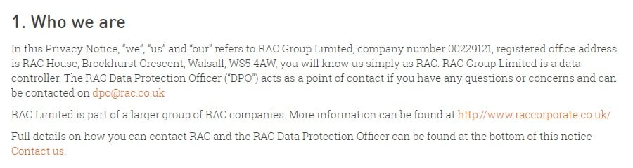 RAC UK Privacy Policy: Who we are clause - contact information