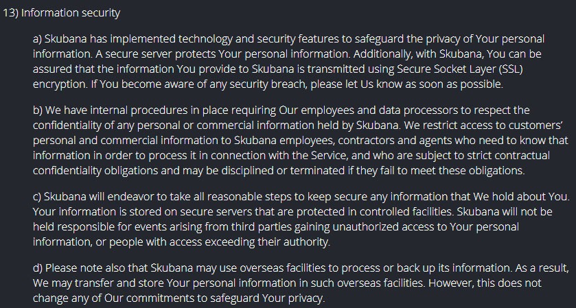 Skubana Privacy Policy: Information Security clause