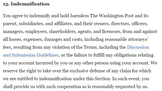 Washington Post Terms and Conditions: Indemnification clause