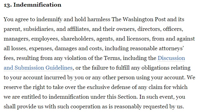 Washington Post Terms and Conditions: Indemnification clause