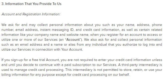 Zendesk Privacy Policy: Information That You Provide To Us - Account and Registration Information clause