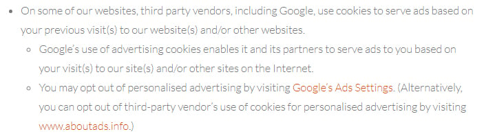 Antherweb Privacy Policy clause excerpt about third-party vendors, Google and Aboutads