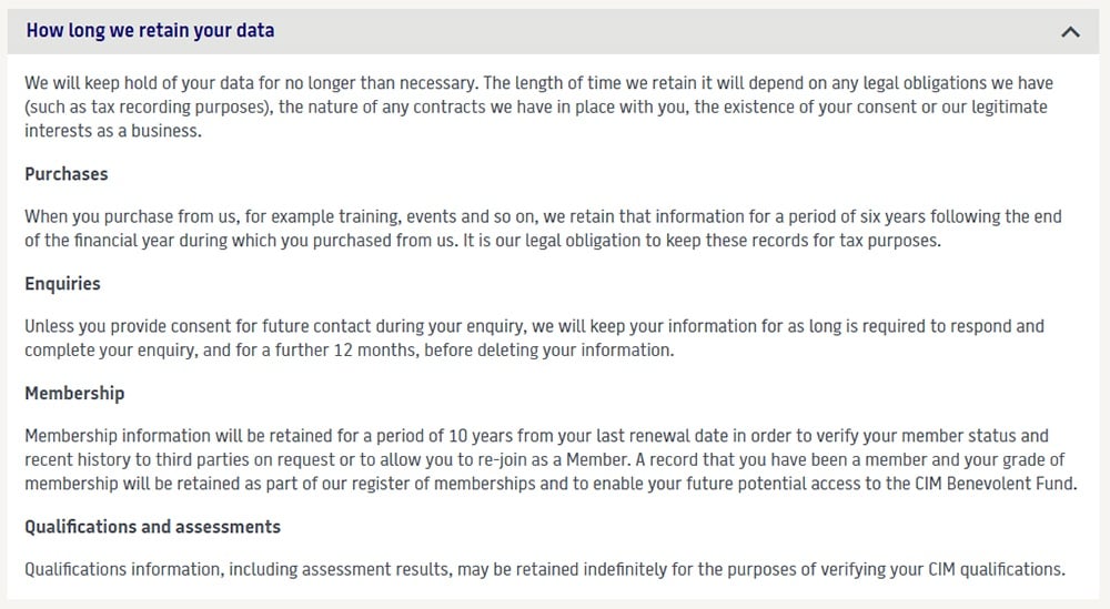 Chartered Institute of Management UK Privacy Policy: How long we retain your data clause