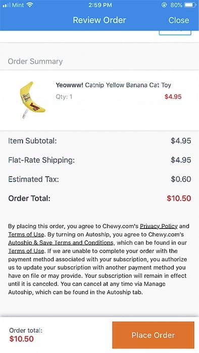 Chewy ecommerce app checkout screen showing legal agreement links