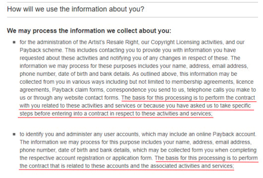 DACS UK Privacy Policy: Processing of personal information clause with GDPR legal bases highlighted