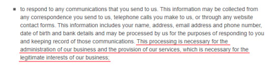 DACS UK Privacy Policy: Processing of personal information clause with GDPR legitimate interests highlighted