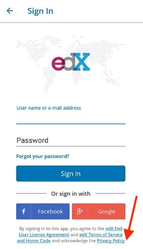 Screenshot of edX mobile app sign-in page with Privacy Policy link highlighted