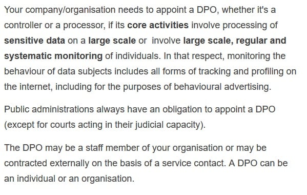 Screenshot of excerpt from European Commission&#039;s Policies, Information and Services on GDPR&#039;s DPO requirement