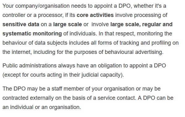 Screenshot of excerpt from European Commission&#039;s Policies, Information and Services on GDPR&#039;s DPO requirement