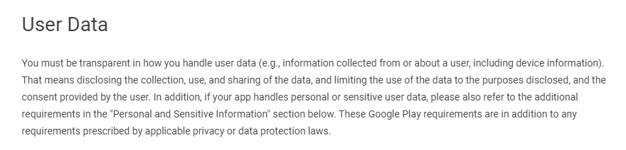 Google Play Developer Policy Center - Privacy, Security and Deception - User Data section