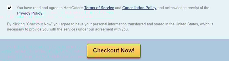 HostGator checkout now page with checkbox for legal agreements