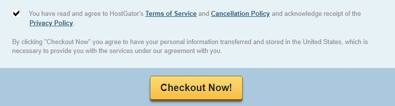 HostGator checkout now page with checkbox for legal agreements