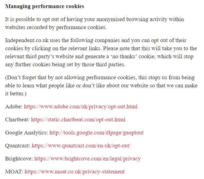 Independent.co.uk Cookie Notice - Managing performance cookies clause with third-party cookies links