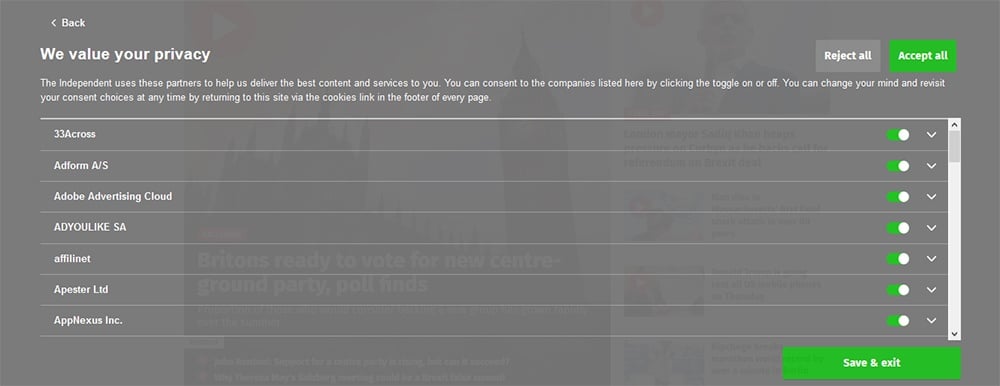 Independent.co.uk website cookies consent banner - Full vendor list settings screen