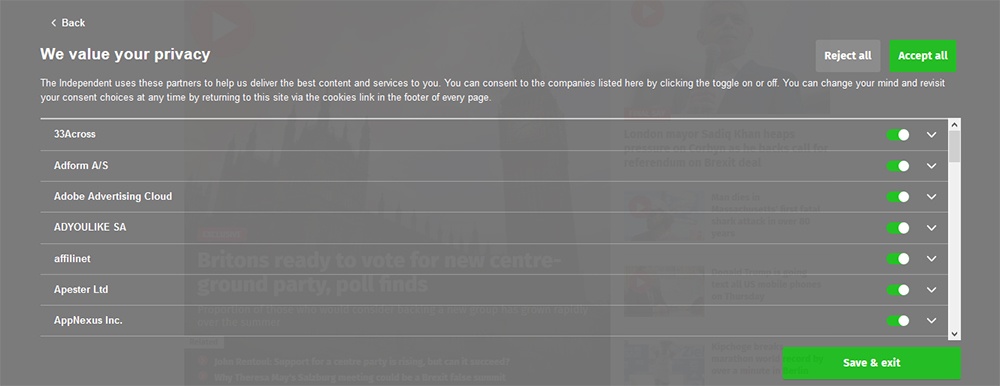 Independent.co.uk website cookies consent banner - Full vendor list settings screen