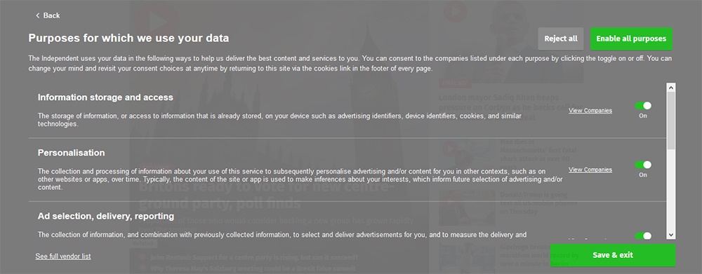 Independent.co.uk website cookies consent banner - Purposes settings screen