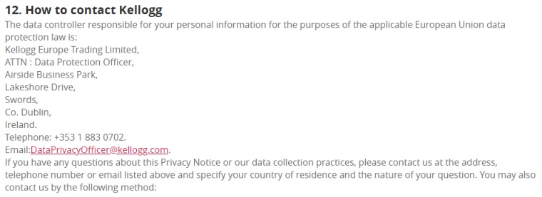 Kellogg UK Privacy Policy: Contact information clause for data controller and data protection officer