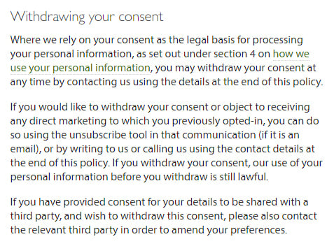 The Law Society UK Privacy Policy: Withdrawing your consent clause