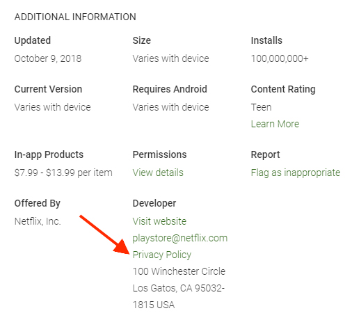 Netflix mobile app Google Play listing with Privacy Policy highlighted