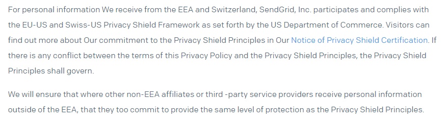 SendGrid Website Privacy Policy: Excerpt of International Transfers clause