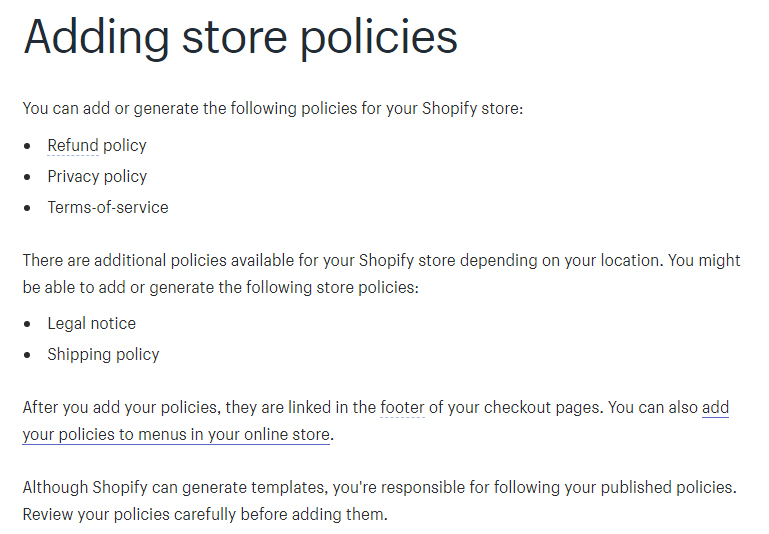 Shopify Help Center: Instructions for adding store policies