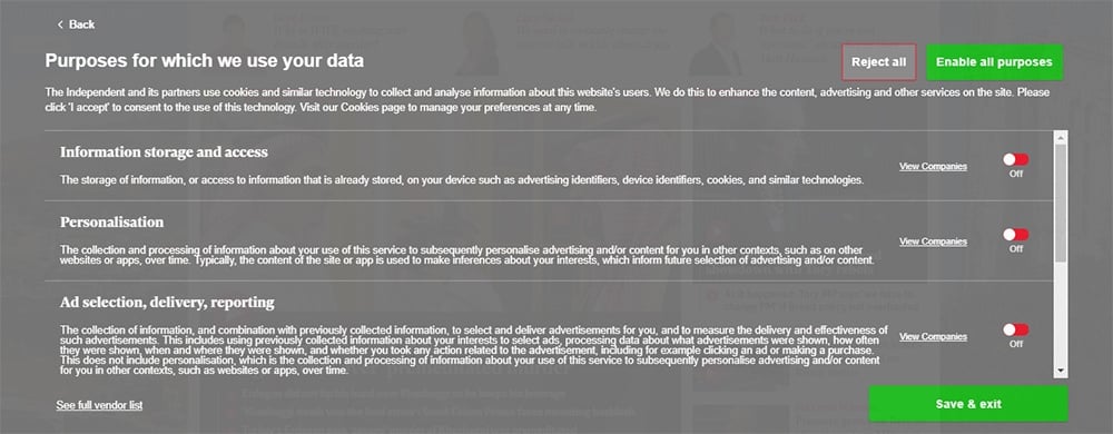 The Independent: Purposes for which we use your data screen with enable and reject buttons for consent