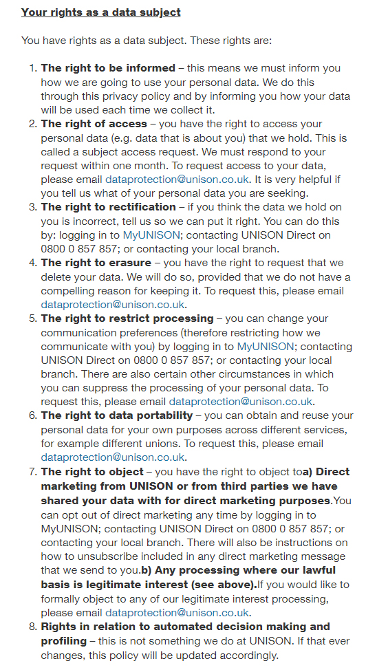 Unison UK Privacy Policy: Clause for rights of data subjects under the GDPR