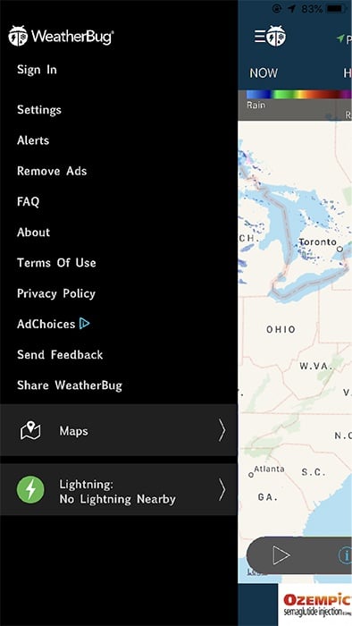 Screenshot of WeatherBug mobile app menu
