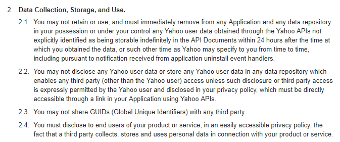 Yahoo Developer Network Terms of Use - Data Collection, Storage and Use clause excerpt