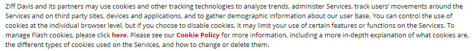 Ziff Davis Privacy Policy section on cookies and tracking technologies with link to Cookie Policy